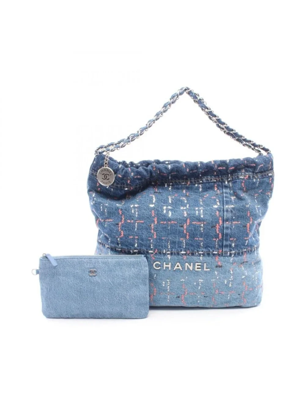 Chanel Shoulder Bag Quilted 22 Large Sequin Blue Denim Chain Backpack